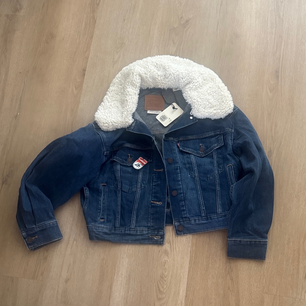 Levi's Dark Blue Denim Jacket with White Sherpa Collar